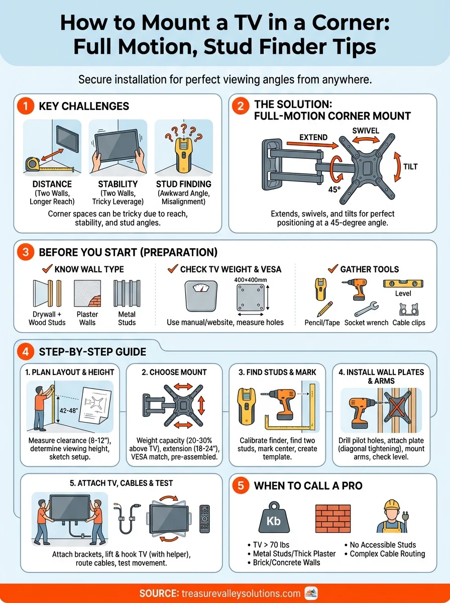 how to mount a tv in a corner infographic